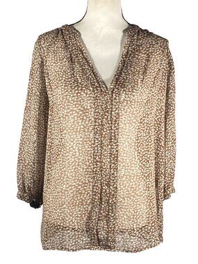 Joie Sheer Silk Blouse In Brown & White Abstract Print V-Neck 3/4 Sleeves Size S